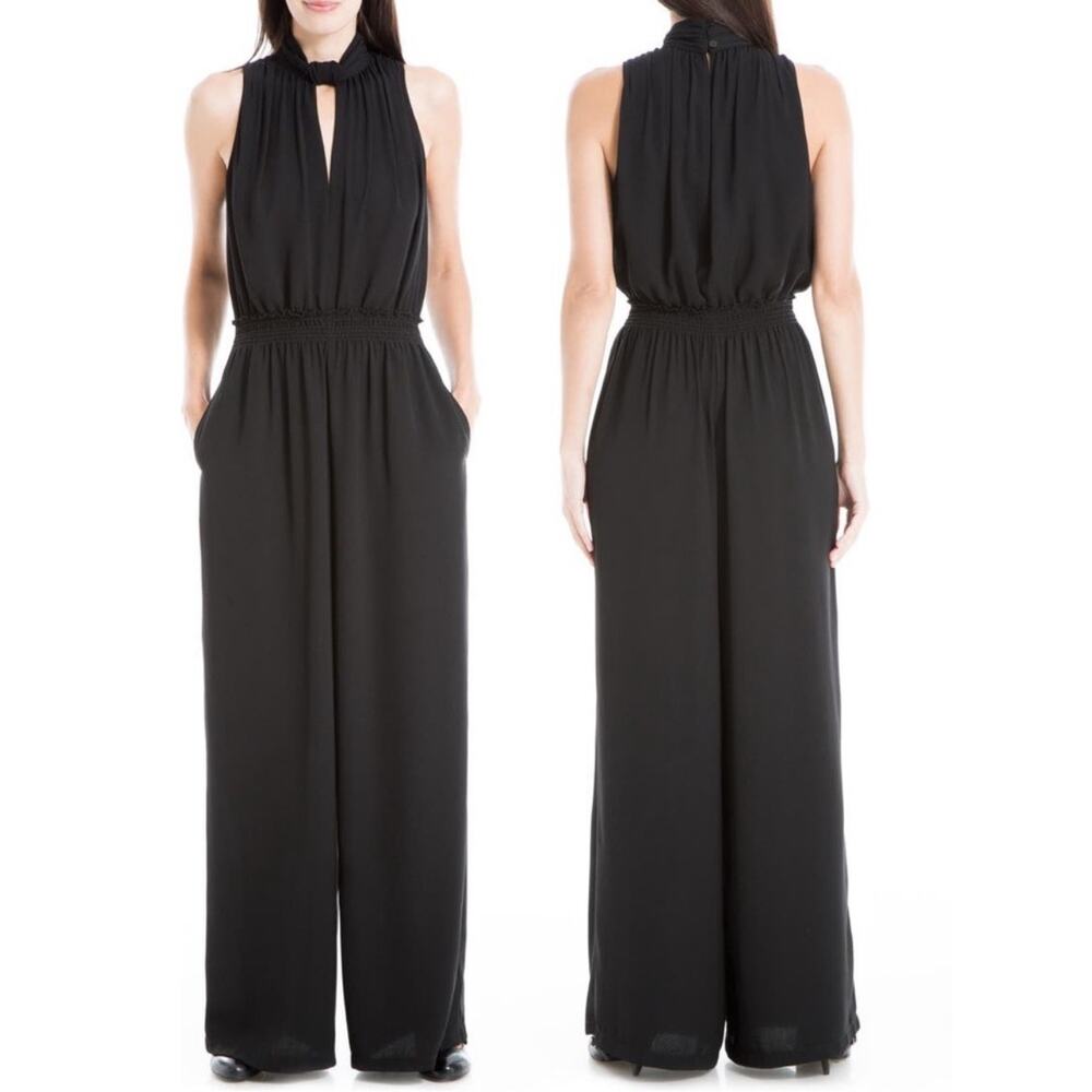 New MAX STUDIO Black Mock Neck HalterKeyhole Stretch Crepe Jumpsuit Womens Sz M